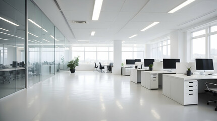 Empty office with furniture and pcs ready for a work day