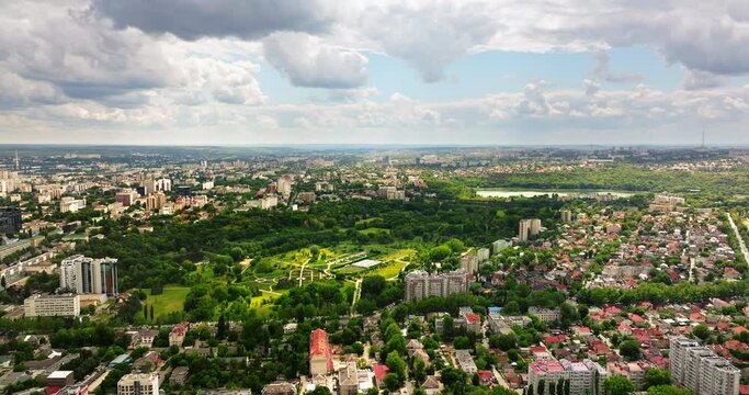 Aerial drone view of Pelinia, Drochia, Moldova with a cloudy sky