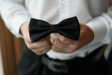 Bow tie in hands of man. Groom, businessman in stylish white shirt with black bow tie in hands,...