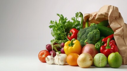 Fresh vegetables are full in the paper bag, and some of them are spilling out