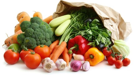 Fresh vegetables are full in the paper bag, and some of them are spilling out