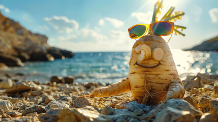 A dashing parsnip with reflective shades, soaking up the sun by the serene sea