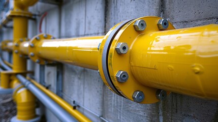 Detailed view of a yellow gas pipe installation, focusing on the pipe clamps and brackets securing it to a concrete wall