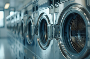 A row of industrial washing machines in a public laundromat.
