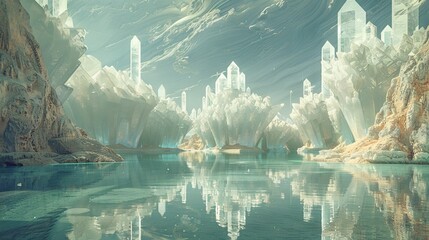 A parallel universe where floating crystal shards form a labyrinth above a tranquil, mirrored lake. The digital artwork uses a minimalist approach to emphasize the fantastical and surreal nature of