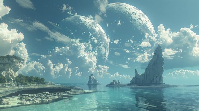An extraterrestrial vista where massive, floating islands hover above a tranquil sea. The minimalist approach in this digital artwork emphasizes the awe-inspiring and otherworldly nature of the scene.