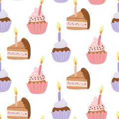 Birthday seamless pattern with cakes and cupcakes with candles. Holiday food illustration isolated on white background.