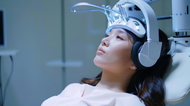 Individual receiving transcranial magnetic stimulation TMS as a treatment for resistant depression