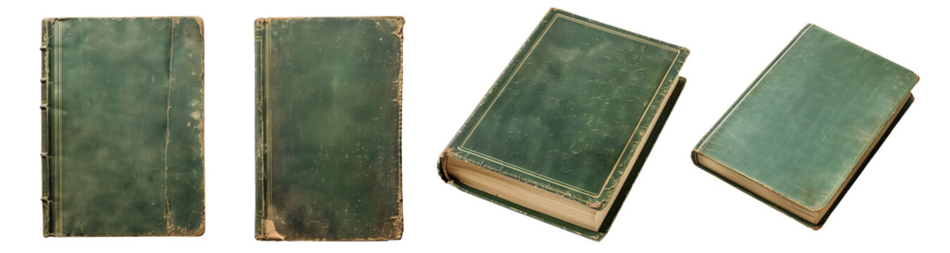 Mockup of isolated books with blank green cover on a transparent background. Set of 4 classic antique old books in front view and isometric view. Volume 2.