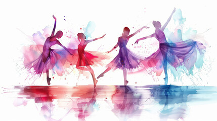 Elegant watercolor dancers in fluid and colorful motion