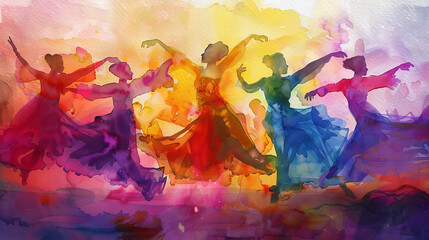 Vibrant watercolor silhouette dance performance with fluid movements