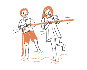 Doodle drawing of children that pulling rope in sand. Contrast sketchy illustration isolated on white background. Vector outline drawing of happy childhood for logo, sticker