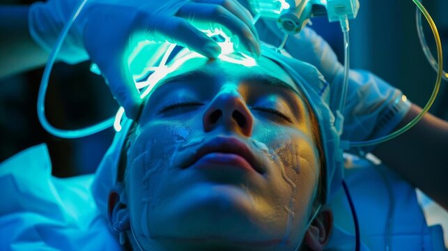 Person undergoing electroconvulsive therapy ECT for severe depression, under careful medical supervision