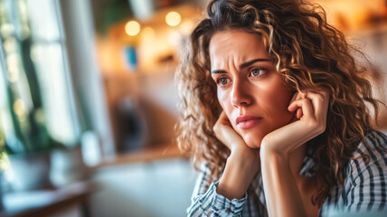 Fototapeta premium Portrait of woman with curly hair looking thoughtful. Indoor setting with soft lighting. Contemplation and introspection concept for poster and print.