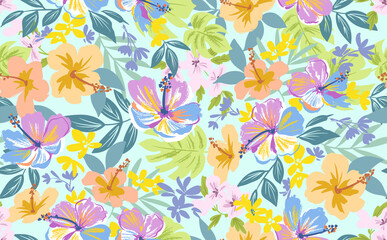 A colorful hand-drawn style seamless pattern of hibiscus and monstera