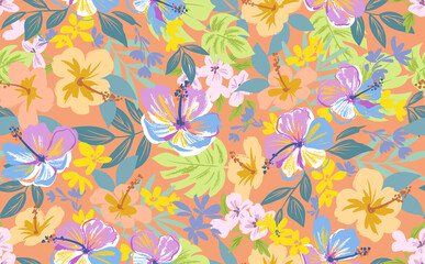 A colorful hand-drawn style seamless pattern of hibiscus and monstera