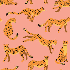 Graceful figures of cheetahs in motion, running, hunting, jumping on pink background. Vector seamless pattern for children's clothing, zoo animal tropical playroom decor.
