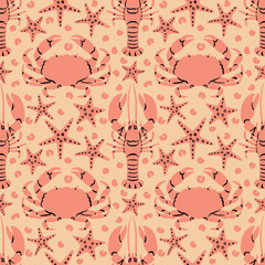 Cute seamless pattern with crab, crawfish and starfish on coral background. Kids design for a brochure, fabric, wallpaper with an beach, animal theme.