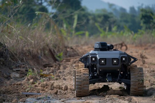 Unmanned ground vehicle UGV operating in a disaster relief scenario, showcasing versatility and safety