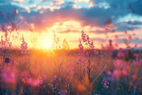 Beautiful blooming wild high grass in nature at sunset 