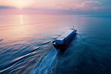 Naklejka premium Automated cargo ship navigating international waters, emphasizing global trade and autonomous maritime technology