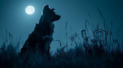 Craft an image featuring a dog under the moonlight in the midnight