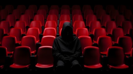 cinema auditorium with red chairs with black person on it