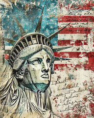 Vintage Statue of Liberty and American Flag on Distressed Background