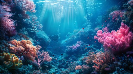 Craft an image of a coral garden teeming with life