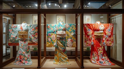 Three beautiful Japanese kimono displayed in glass cases in a museum.