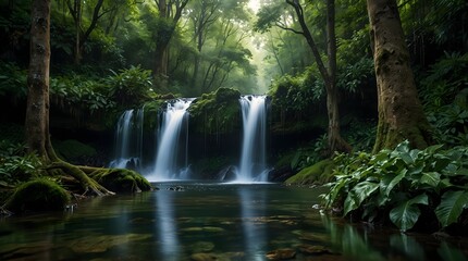 The serene beauty of a cascading waterfall hidden deep within a lush, emerald forest ai_generated