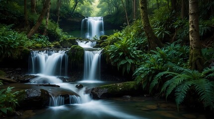 The serene beauty of a cascading waterfall hidden deep within a lush, emerald forest ai_generated