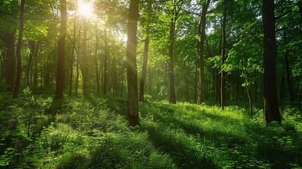 Fototapeta premium A Lush Green Forest with Sunlight Streaming Through Celebrating Environment Day and Sustainability