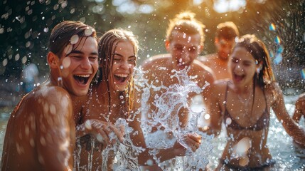 Obraz premium Craft an image of friends splashing each other in a playful water fight