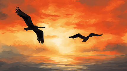 there are two birds flying in the sky at sunset