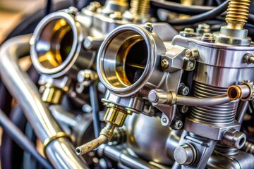 Obraz premium A detailed view of the motorcycle carburetor, with visible fuel lines, valves, and adjustment screws, highlighting the intricacies of the fuel delivery system