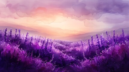 A dreamy watercolor wash of a lavender field, gentle and soft strokes, gradient of purples, tranquil and serene, delicate blooms swaying, light and airy composition, misty morning light.