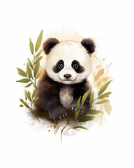 there is a panda bear sitting on the ground with a plant