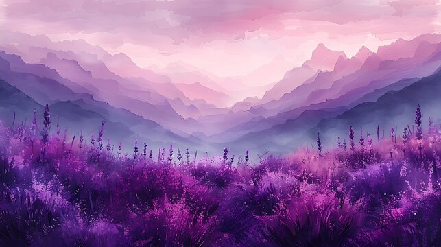 A dreamy watercolor wash of lavender fields, gentle and soft brushstrokes, gradient of purples and pinks, tranquil and serene, delicate lavender flowers, light and airy composition.