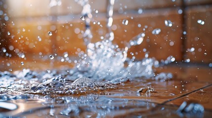 Close-up of a water splash from a leaky pipe hitting a laminate floor, droplets in mid-air, and a forming water puddle