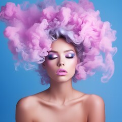 Naklejka premium Young woman surrounded by a purple pink cloud of smoke. Generative AI.