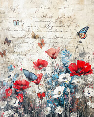 Fototapeta premium Vintage Red Blue Floral and Butterflies Background in Distressed Style