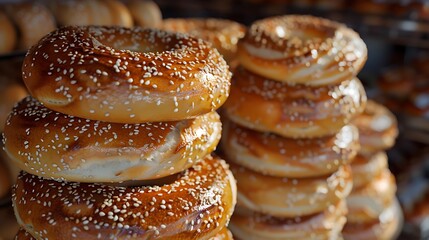 Stacks of Turkish bagels or Simits with sesame seeds for sale,...