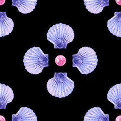 Seamless pattern of a marine, tropical theme. Blue shells, pearls. Watercolor hand drawn illustration. On black background. For decoration, design, fabric, wrapping paper. Summer vibes. Sea bottom