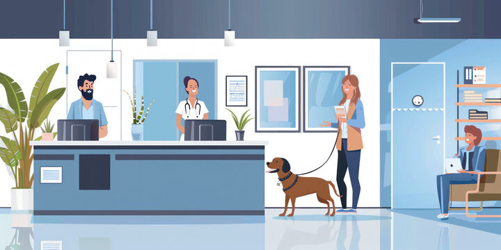 A modern veterinary clinic's reception area with a man and a woman staff members behind the counter.