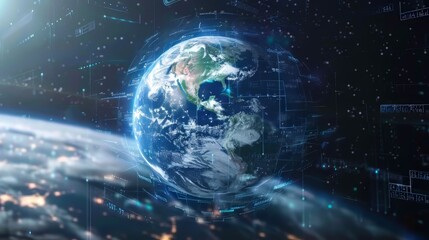 digital composite of the Earth surrounded by a glowing blue grid of data and information.