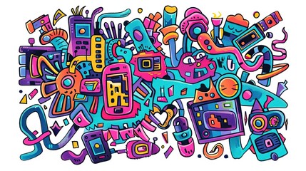 Colored technology theme doodle elements of various electronic devices such as mobile phones, laptops, keyboards and others on a white background