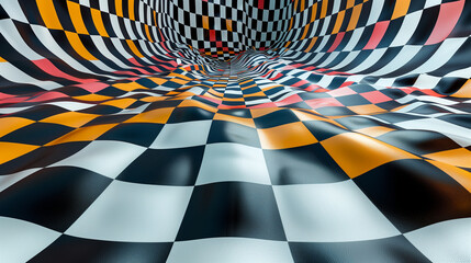 a black-and-white and colorful landscape where the ground itself is made up of checkerboards in perpetual motion