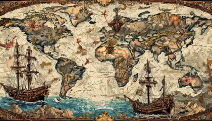 Vintage old world map with pirate motifs, including skulls, rum bottles, ships, and islands, designed as a seamless pattern tile