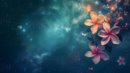 Background of a galaxy nebula with flowers. Generative AI.